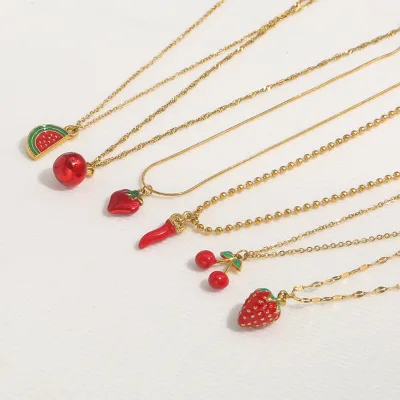 Cute Oil Drop Fruit Pendant Strawberry Cherry Watermelon Charm Stainless Steel Chain Necklace Fashion Jewelry