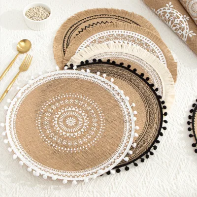 Boho Placemats Cotton Linen Mandala Round Placemats Hand Woven Place Mats with Tassels for Dining Table Decoration