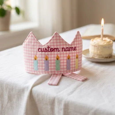 Custom Name Luxury Family Gina Birthday Party Hat Headband First Birthday Keepsake Embroidered Cotton Gingham Crown
