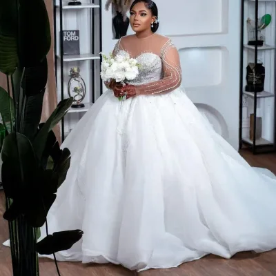 2 in 1 Royal Illusion Lace Floor-Length Ball Gown Wedding Dress Long Sleeve Cathedral Train Plus Size Washable NYA007