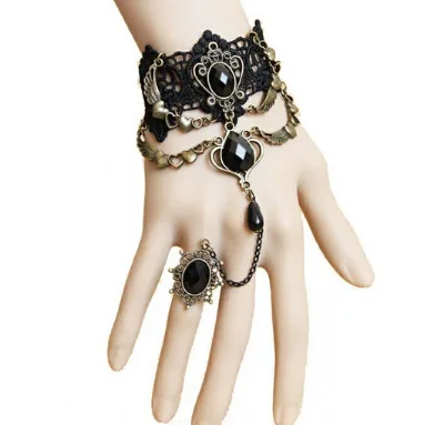 AA00942 Girl Fashion Personality Retro Black Lace Bracelet Splicing Ring Alloy Hand Ornament