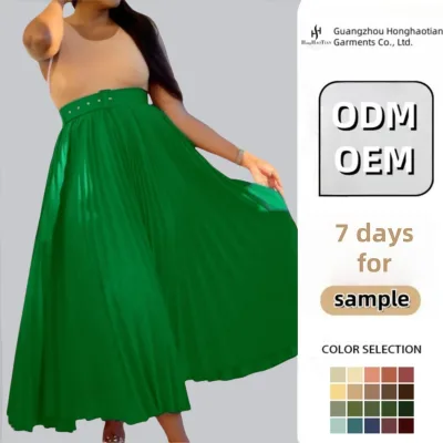 Custom New Design High Waist Large Hem Skirts for Women Pleated Skirts Temperament Ladies Long Skirt With Free Belt