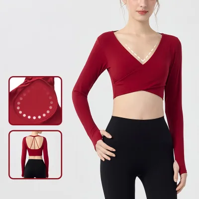 Women's Long Sleeve Crop Top Deep V Neck Open Back Polka Dot Optional Slim Fit Sportswear for Yoga Dance Workout Daily Wear