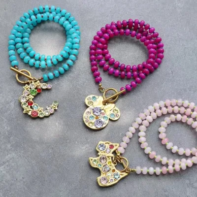 Natural Stone Beaded Necklace Stainless Steel OT Toggle Clasp CZ Inlaid Moon Star Puppy Dog Pendant Women Jewelry