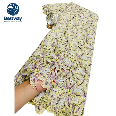 African Guipure Lace Fabric Large 6-Petal Flower Embroidery With Rhinestones for Nigerian Wedding Party Dress