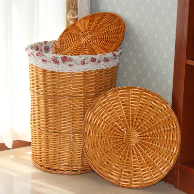 Hot Selling Eco-friendly Natural Willow Handwoven Vintage Style Round Laundry Basket With Liner for Dirty Clothes Storage