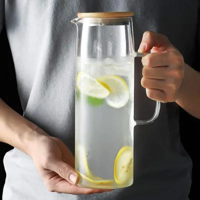 High Quality Modern Eco-Friendly Glass Cold Water Pot with Lid and Handle for Office Use Glacial Pattern Design