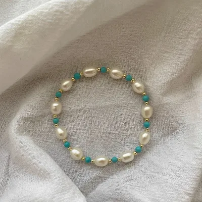 Turquoise Natural Freshwater Pearl Women's Trendy Gift Elastic Rope Beaded Bracelet Jewelry