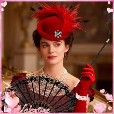 5Pcs Vintage Red Black Socialite Luxurious Accessory Set Small Hat with Gloves for Christmas Theme Party Prom Banquet Halloween
