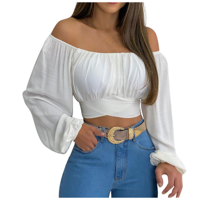 Fangxin 2023 Top Selling Women Long Sleeve Crop Tops Floral Off the Shoulder Blouses