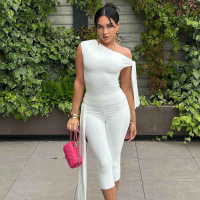 RedPeony Skew Collar Ribbon Tank Tsop+Leggings Casual Skinny Stretch Matching Outfits Women Tracksuit Chic Elegant 2 Piece Set