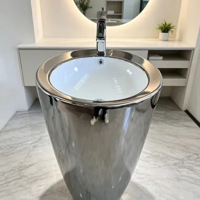 Stainless Steel Freestanding Pedestal Sink Modern Polished Chrome Vessel Basin Space Saving Wash Basin Bathroom Hotel