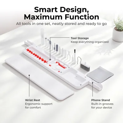 All in One Desktop Cleaning Kit Multifunction Desk Organizer with Magnetic Storage Wrist Rest Phone Stand Screen Cleaning Tools