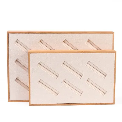Wholesale Bamboo and Black Velvet Rings Bangle Display Trays with 12 Slot Inserts for Jewelry Showcase