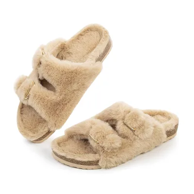 Women's Flexible Double Straps Open Toe Slipper with Cozy Lining Arch Support Faux Fur Cork Slide Sandals