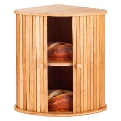 Bamboo Custom Bread Storage Box Bread Bin Canister Food Storage Container Countertop Corner Bread Boxes 2 Layer Sliding Doors