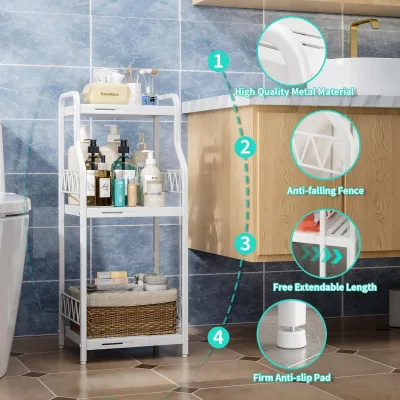 3-Tier Expandable White Metal Free-Standing Modern Eco-Friendly Space Saving Narrow Open Floor Bathroom Shelf Unit Apartment
