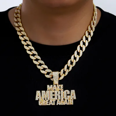 Men Cross-border Hip Hop Jewelry Full of Diamond Alphabet Pendant Necklace Cool Punk Cuban Chain Accessories