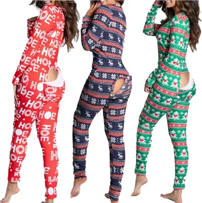 2025 Autumn Winter Button Adult Women Cartoon Christmas Pyjamas Pajamas Printed Long-sleeved Onesie Rompers Jumpsuit