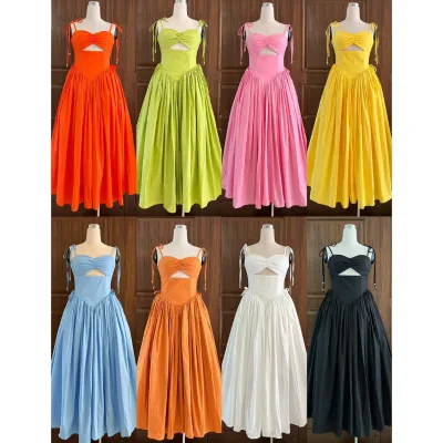 High Quality Boutique Clothing Summer Fashion Back Strap Pleated Closure Large Swing Sling Women's Casual Dress