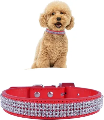 Dog & Cat Collar with Diamante Crystals and Rhinestones Soft PU Leather Adjustable Lightweight Protective Belt