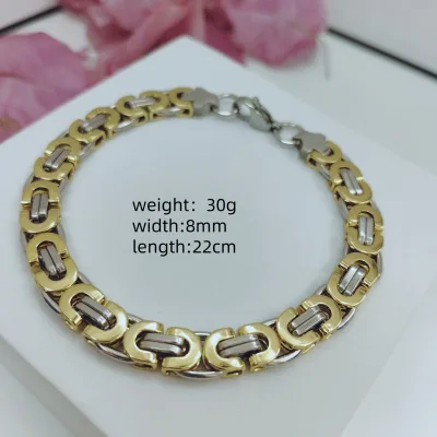 6/8/11MM Silver/Gold Mix Plated Stainless Steel Flat Byzantine Chain Necklace & Bracelet Mens Jewelry Set
