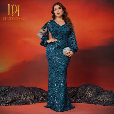 A Luxurious V-neck Evening Dress with Oversized Sequined Long-sleeved Appliques and an Elegant Mermaid Mother Dress Cocktail