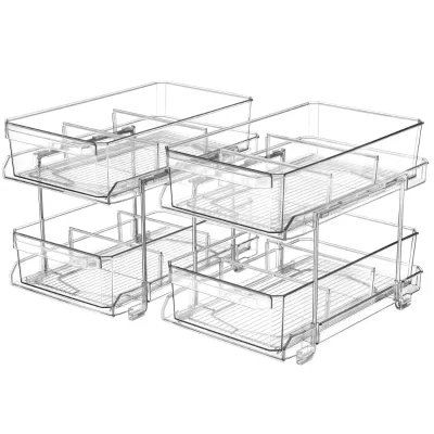 2 Tier Clear Organizer with Dividers for Cabinet MultiUse Slide-Out Storage Container