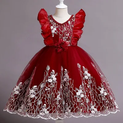Customizable Hot Selling Sleeveless Flower Lace Girls Dress for Children ODM Party Dress for 2-14 Years with Bow Decoration