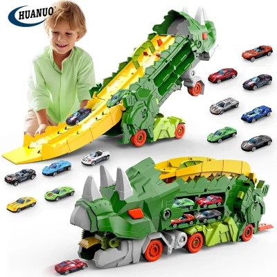 Kids Transporter Hauler with 2 Cars Transforms Into Triceratops with Race Track Set Dinosaur Toy Truck