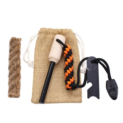 Outdoor Camping Magnesium & Ferro Rod Fire Starter with Wax Infused Tinder Wick Rope 8*80mm Wood Handle and Burlap Bag