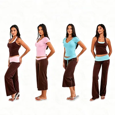 Y2K Custom Logo Women Cozy Lounge Outfit Halter Cami Short Sleeve Tops Fold Over Waistband Wide Leg Capri Pants Set