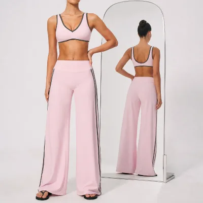 Y2K Pink High Waist Wide Leg Yoga Set with Side Stripes Tummy Control & Flowy Lounge & Gym Activewear for Women