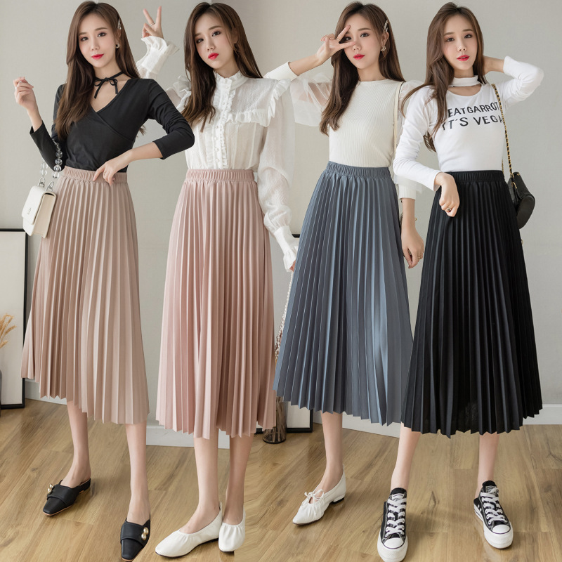Women Midi Skirt Solid Color Elastic Waist a Line Long Pleated Skirt Casual Flowy Maxi Skirts for Ladies Daily Wear
