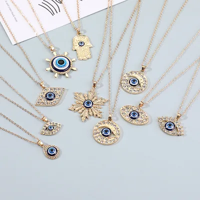 Tik Tok Popular Vintage Sweater Chain Clavicle Chain Gold Plated Zircon Blue Eye Pendant Necklace for Women