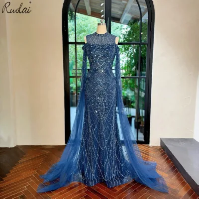 Ruolai LWC8313 Classic Navy Blue Prom Dress with Long Sleeve Cold Shoulder Full Heavy Beading
