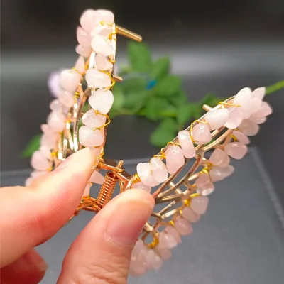 Handmade Natural Pink Crystal Cat Ear Hair Clips Cute Alloy Metal Hair Grips for Women Party Photo Prop