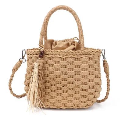 Summer Beach Drawstring Straw Shoulder Crossbody Woven Bucket Bags
