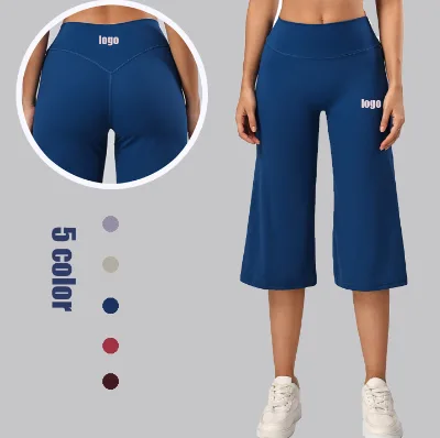 V Back Wide Leg High Waist Custom Gym Leggings Tummy Control Capris Gym Leggings for Women High Quality Cropped Gym Leggings