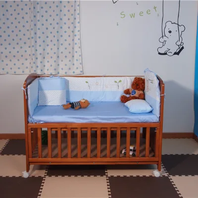 Customized High Performance Brown Colour Crib Portable Fence Solid Wood Baby Cradle Bed