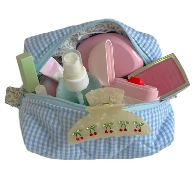 Cotton Waffle Travel Makeup Bag Candy Pattern Cosmetic Organizer for Outdoor Use Stylish National Style