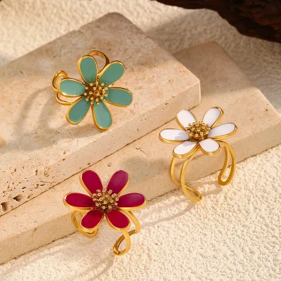 Electroplated Stainless Steel Diamond Flower Ring for Women Adjustable Band