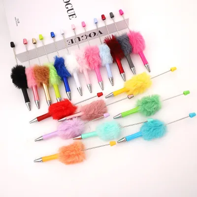 Plush Pom-pom Beaded Creative DIY Handmade Cute Fluffy Rotating Ballpoint Pen