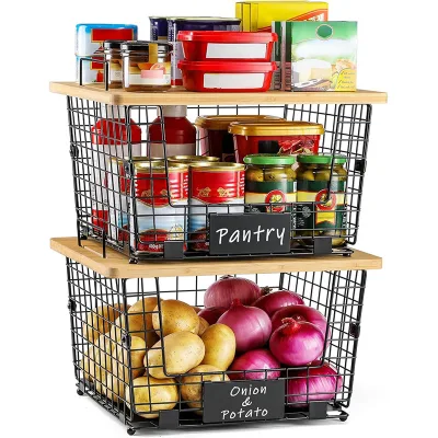 GhP Custom Kitchen Counter Cabinet Shelf Countertop Under Sink Organizing Stackable Wire Basket with Bamboo Tops for Snacks