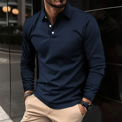 Men's Long-sleeve Polo Shirts for Men Loose-fitting Tops European Size Knitted Pique Fashion Casual Business Wear