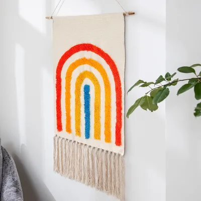 Nordic Hand Woven Rainbow Tufted Tassel Tapestry Wall Hanging Bedroom Nursery Boho Decor