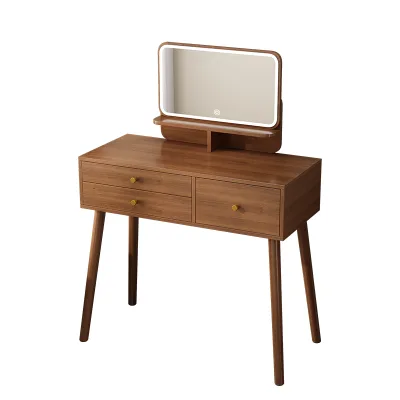 Vintage Classic Cheap Walnut Vanity Table for Bedroom with Lighted Mirror and Three Drawers Makeup