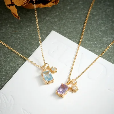 Crystal 925 Sterling Silver 14K Gold Plated Gemstone Rectangle Star Charm Amethyst Moissanite Rock Crystal Dainty Color Necklace