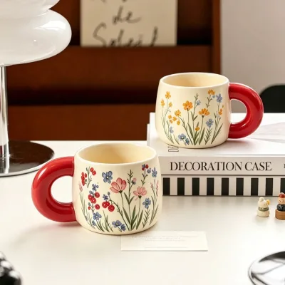 Cottagecore Floral Ceramic Mug Hand Painted Tea Cup Bright Red Handle Cream White Custom Logo Gift Coffee Mug