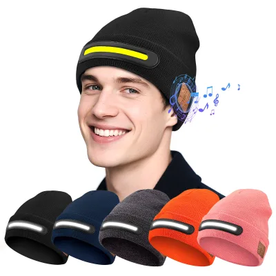 USB Rechargeable LED Lighted Beanie Hat Three-Stage Lighting Detachable Smart Beanie Built-in Speaker Mic Headset